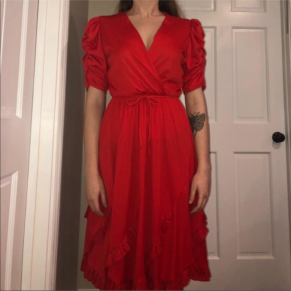 Entourage Red Flare Ruffle Deep Neckline Dress